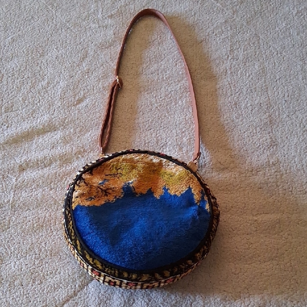 Elegant Blue and Tan Handmade Women's Shoulder Bag Vintage Tapestry